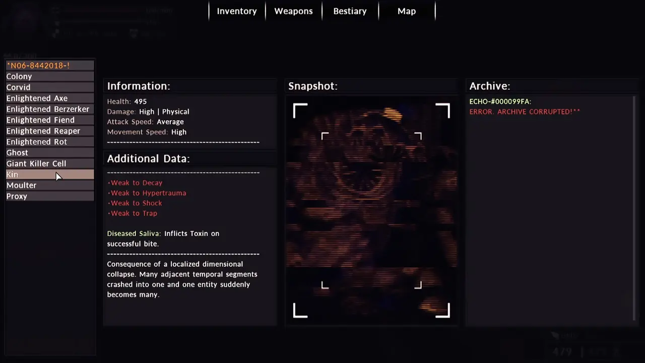 Divine Frequency Bestiary screen: thirteen enemy names listed on the left with Kin selected, and its Health, Damage, weakness tags and a short lore passage in the panels beside it.