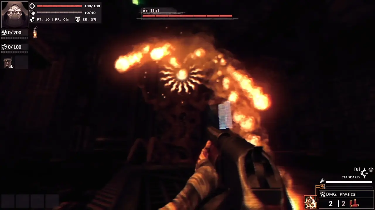 Divine Frequency first-person view of a large fiery burst in a dark room. A named enemy health bar spans the top of the screen and the weapon readout shows DMG: Physical.