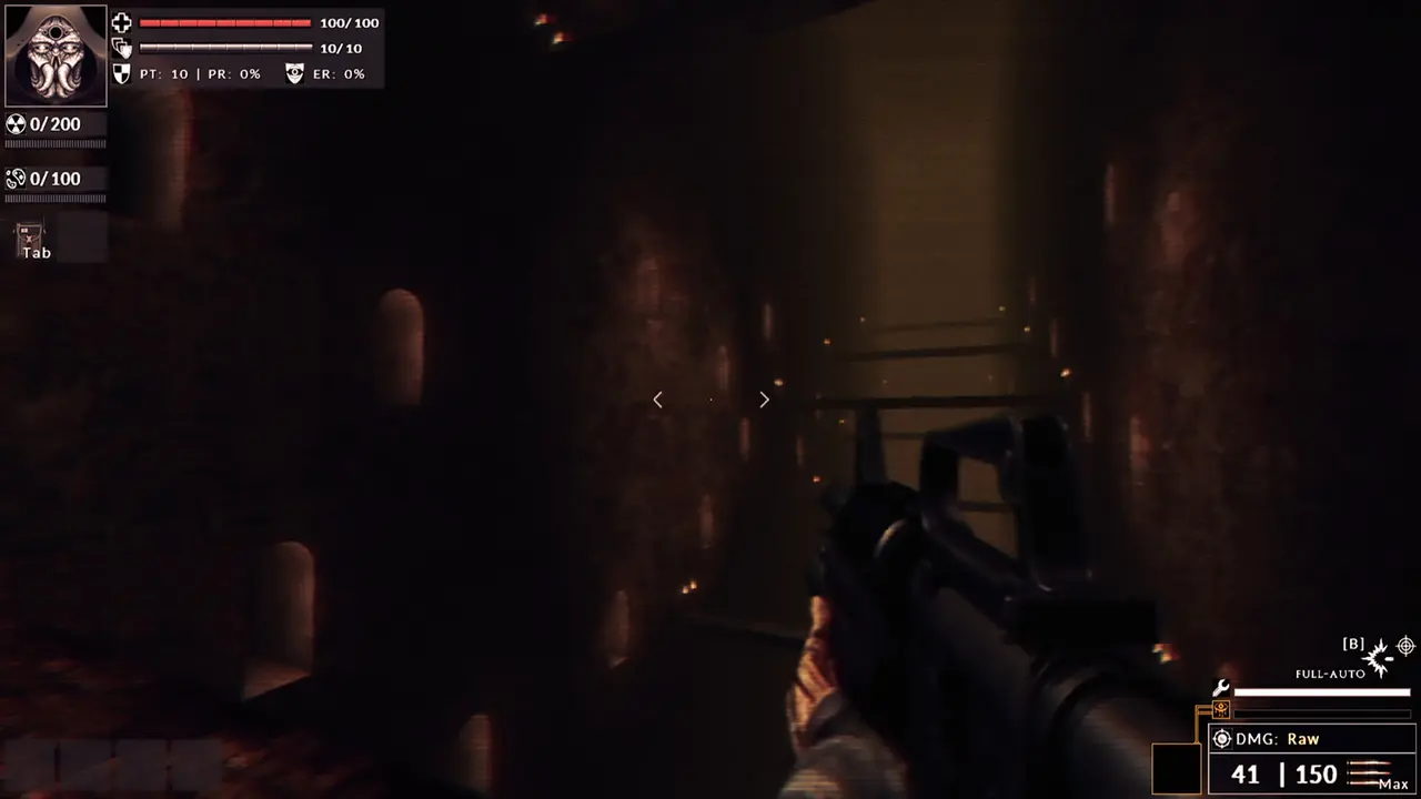 Divine Frequency dim corridor seen through a rifle. The bottom-right weapon readout shows DMG: Raw, the FULL-AUTO fire-mode label with [B] above it, and ammo 41 | 150.